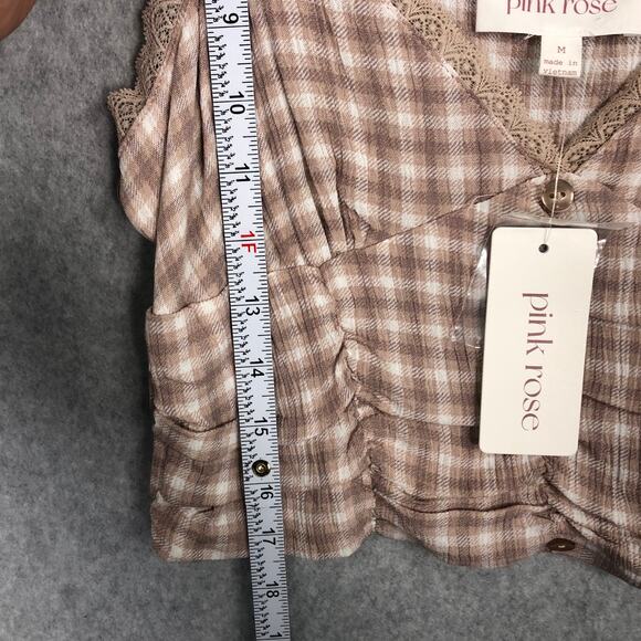 Pink Rose Tank Crop Medium‎ Lace Trim Ruched Preppy Coquette Cowgirl Y2K 90s - Picture 9 of 10